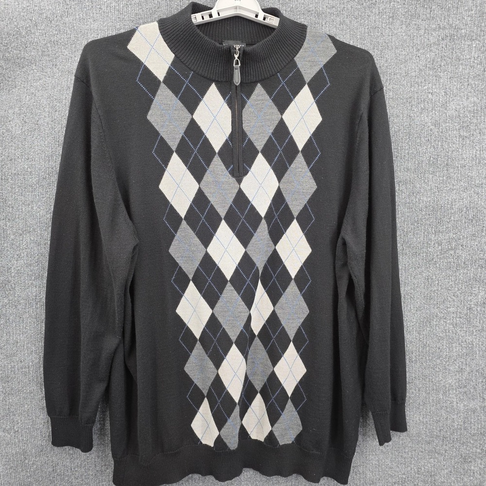 Rochester Sweater‎ Mens 4XLT Black Argyle 1/4 Zip Mock Neck Wool Blend Pullover
